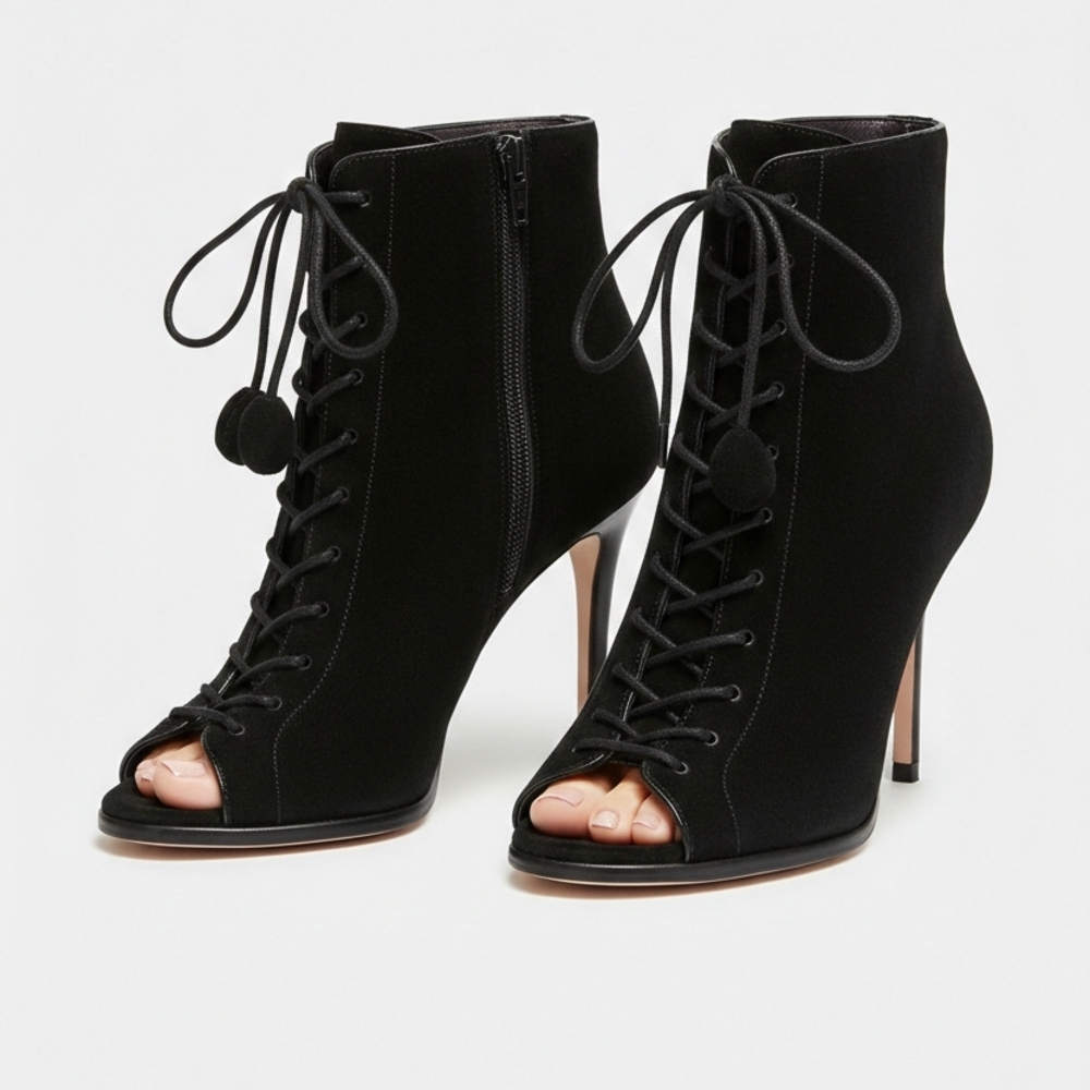 Coach🖤PREMIUM Black Suede HEELED Lace-Up PEEP-TOE BOOTIE Heeled BACK ZIP Sz 7.5 - Picture 2 of 11